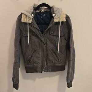American Eagle Outfitters Gray Bomber Utility Jacket with Removable Hood